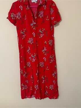 Red Floral Midi Dress with Button Front by